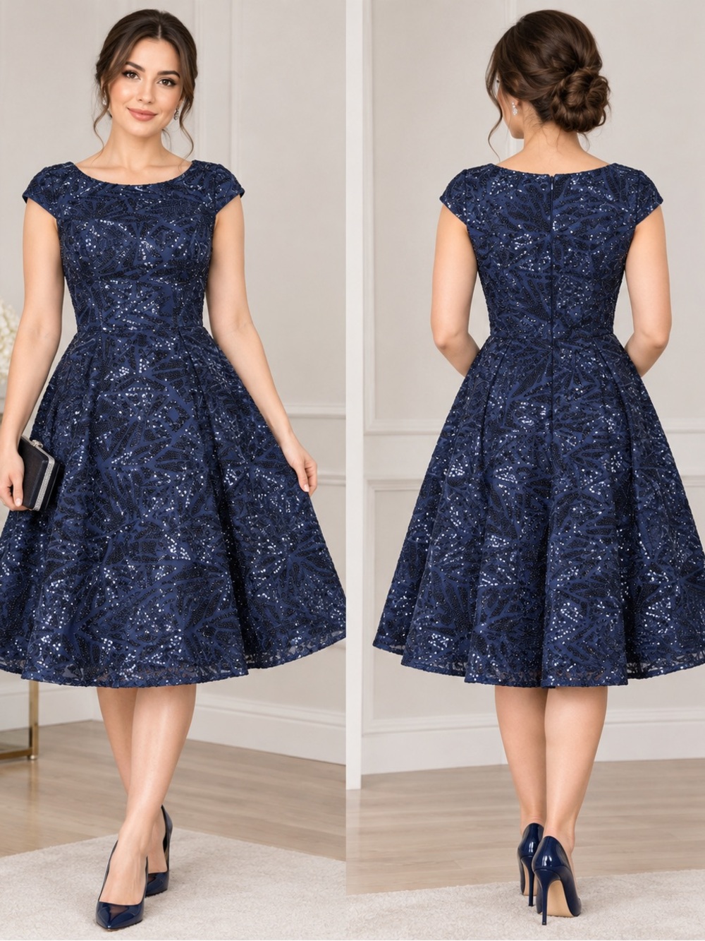 Elegant Navy Sequin Fit-and-Flare Dress